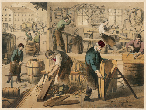Workshop of a cooper (barrel maker). Date: 1875