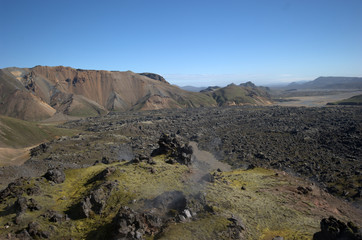The Landmannalaugar - Thorsmork route is called "Laugavegurinn", The Hot Spring Route, which is very appropriate. It is clearly marked between the huts in Landmannalaugar, Hrafntinnusker (Obsidian Ske