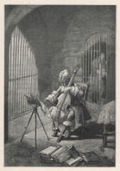 Man in the Iron Mask  playing the cello in prison. Date: late 17th century