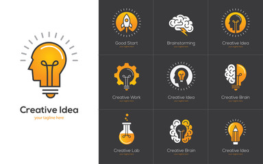 Creative idea logo set with human head, brain, light bulb. - 162443877
