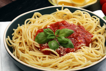 Plate of delicious spaghetti Bolognaise or Bolognese with savory minced beef and tomato sauce...