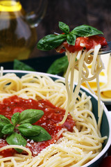 Plate of delicious spaghetti Bolognaise or Bolognese with savory
