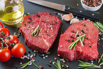raw steak with cooking ingridients