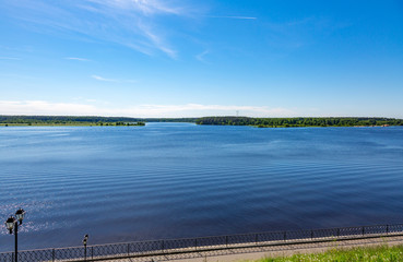 The shore of the grandiose Russian Volga river near the town of Mishkin on a summer day. Yaroslavl region

