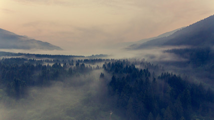 Aerial view mist hovering across a valley.