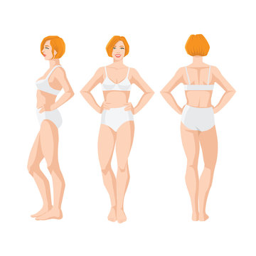 Vector illustration of beautiful woman in underwear on white background. Various turns woman's figure. Front view, back view and side view.