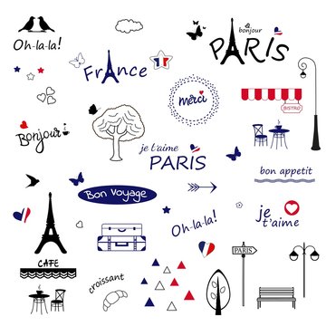 Paris sketch illustration. Set of hand drawn design elements on white background.