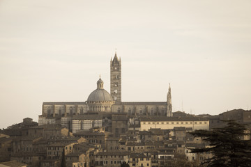 Fototapeta na wymiar View of Duomo di Siena with old town from north. Tuscany. Italy. Old polar effect.