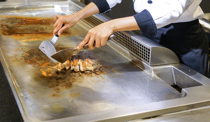 Hand of Chef cooking chicken steak