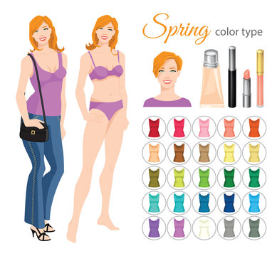Vector illustration of seasonal color palette for spring type. Young woman in different clothes. Set of cosmetics on white background. 