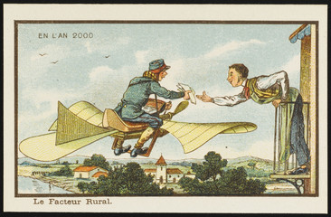 Futuristic airborne postman. Date: 1899