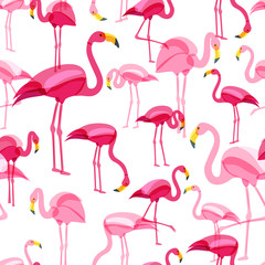Naklejka premium Vector seamless pattern with pink flamingo isolated on white background. Hand drawn doodle illustration. Flamingo birds in various poses. Trendy design for summer fashion textile print.