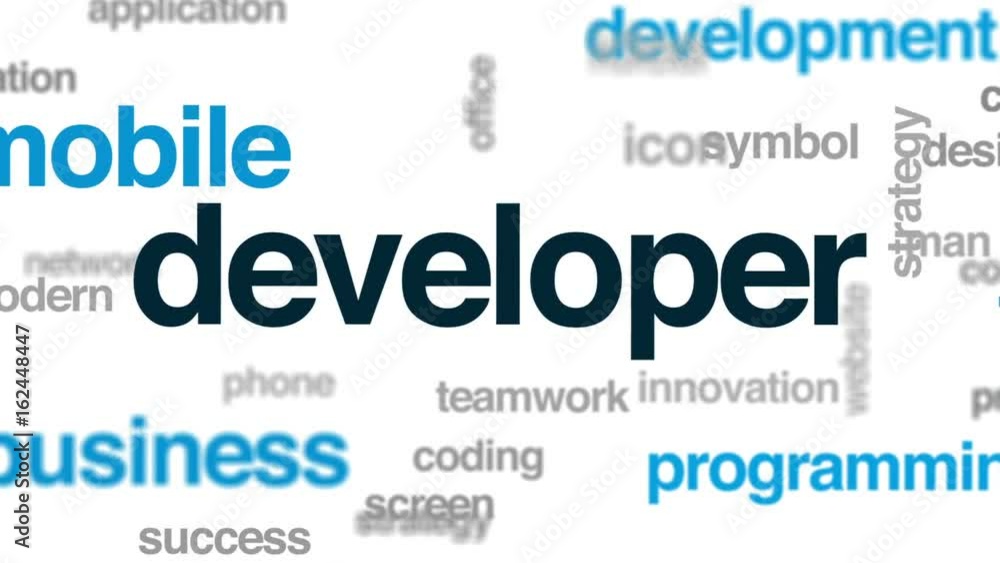 Aufkleber developer animated word cloud, text design animation.