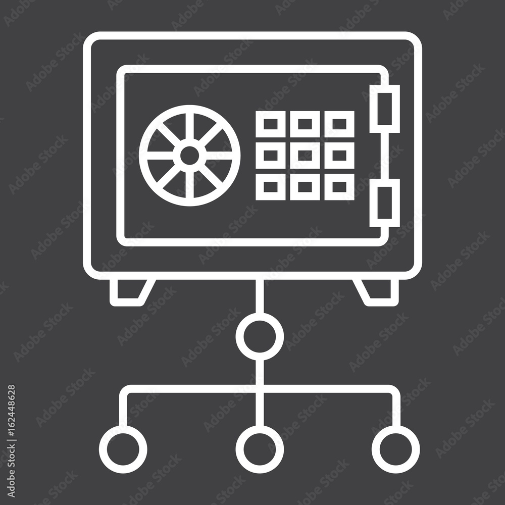 Poster network safe vault line icon, security and strongbox, vector graphics, a linear pattern on a black b