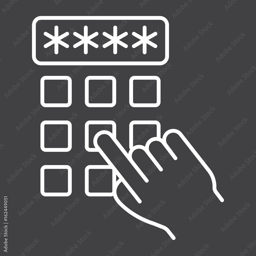 Poster hand finger entering pin code line icon, unlock and password, vector graphics, a linear pattern on a