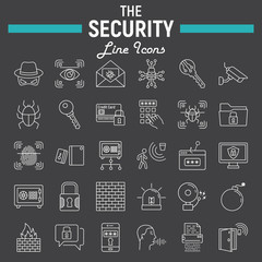 Security line icon set, cyber protection symbols collection, safety vector sketches, logo illustrations, linear pictograms package isolated on black background, eps 10.