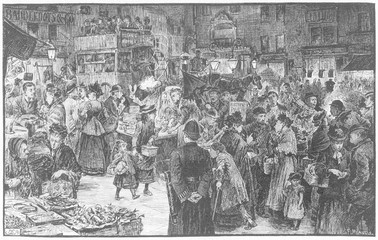 Saturday evening shopping  East End of London. Date: 1894