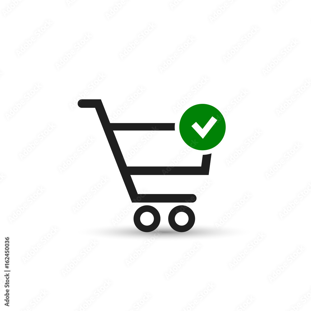 Poster add to shopping cart and check mark icon. vector isolated web symbol