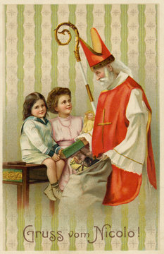 Saint Nicholas (Father Christmas) delivering Xmas presents. Date: circa 1905