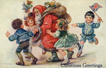 Father Christmas with a sack of toys and children. Date: 1920