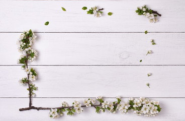 Spring flowers blossom frame on white wooden table background top view
