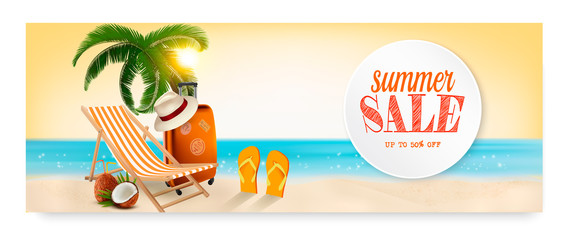 Fototapeta premium Tropical island with palms, a beach chair and a ocean. Vacation vector banner.