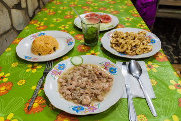 Meal in Baracoa, Cuba. Shrimps, rice, bananas, vegetables and mojito.