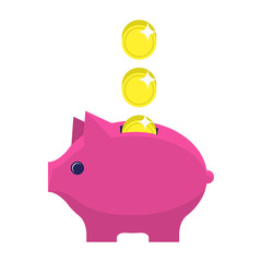 Money box flat icon. Pig piggy bank with coin. Money savings, save money, budget, finance symbol. Web and mobile design element. Vector colored illustration isolated on white background