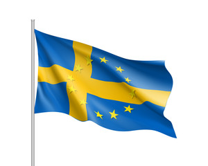 Sweden national waving flag with a circle of European Union twelve gold stars, symbol of unity with EU, member since 1 January 1995. Realistic vector illustration
