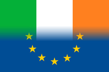 Ireland national flag with a flag of European Union twelve gold stars, solidarity and harmony with EU, member since 1 January 1973. Vector flat style illustration