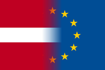 Latvia national flag with a flag of European Union twelve gold stars, ideals of unity with EU, member since 1 January 1958. Vector flat style illustration