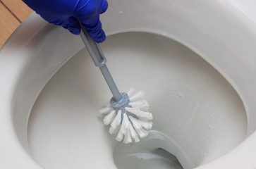 Hand of woman in glove cleaning toilet bowl, concept of household duties