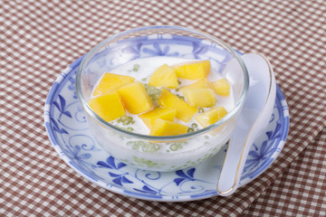 Thai dessert of sago with coconut milk and mango