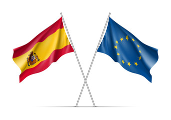 Spain and European Union waving flags on flagpole. EU sign with twelve gold stars on blue and Spain national symbol red and yellow colors. Two flags isolated on white background