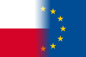 Poland national flag with a flag of European Union twelve gold stars, symbol of unity with EU, member since 1 May 2004. Vector flat style illustration