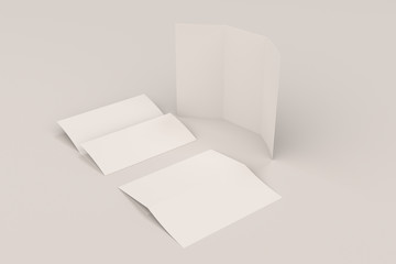 Blank white three fold brochure mockup on white background