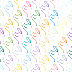 Ok hands success gesture okey yes agreement signal seamless pattern human agree best approval vector.