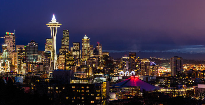 Seattle Skyline And Mt. Rainier At Dusk