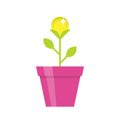 Gold coin flower pot, creative making money solution, office motivation. Vector flat style cartoon illustration isolated on white background. Business success concept