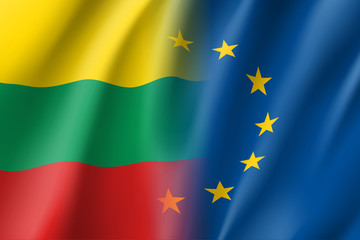 Symbol of Lithuania is EU member. European Union sign with twelve gold stars on blue and Lithuania national flag. Vector isolated icon