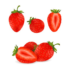 Different strawberries, 3d realistic icons, vectors illustration of strawberry slices, isolated on white.