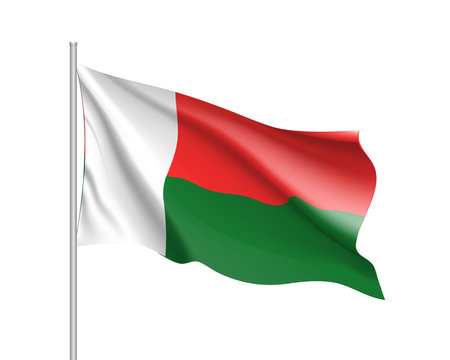 Waving flag of Madagascar. Symbol african state in proportion correctly and official national colors. Patriotic sign Eastern Africa country. Vector icon illustration