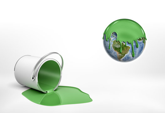 3d rendering of a overturned green paint bucket lying beside an Earth globe half covered in green paint.