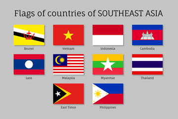 Set of flat flags of members of Asean Economic Community AEC Laos, Thailand and Vietnam, Malaysia and Philippines. Signs of Southeast Asia states. Vector isolated icons