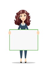Woman holding a blank poster. Female business model. Smiling girl isolated.