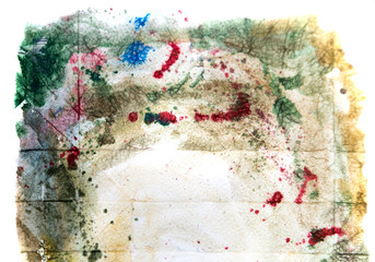 Abstract watercolour hand painted background. Watercolour stains, wash and splashes with space for text. 
