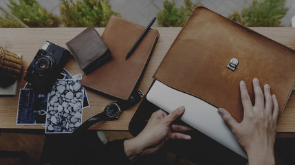 Leather briefcase for photographer and camera