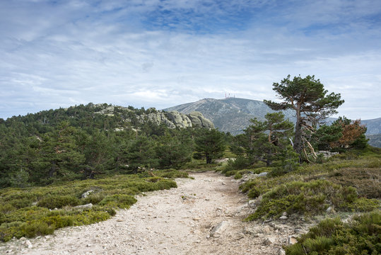 Views of Navacerrada Ski resort from Siete Picos (Seven Peaks) range, in Guadarrama Mountains National Park, provinces of Segovia and Madrid, Spain