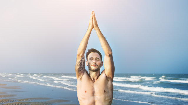 Man Meditation Beach Fitness Yoga Concept
