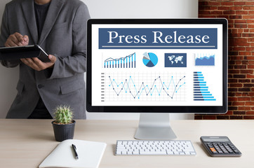 Press Release  concept, Thoughtful male person looking computer